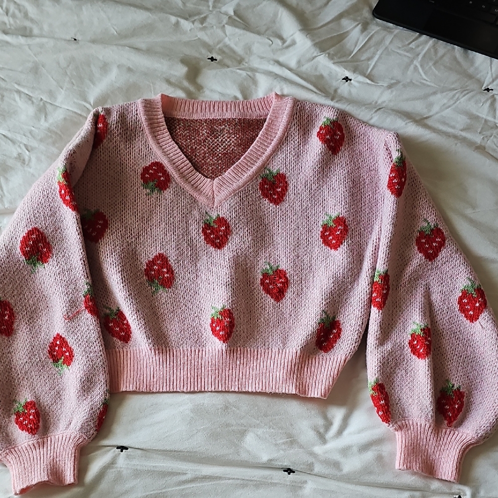 Pink Strawberry Patterned Girl's Sweater